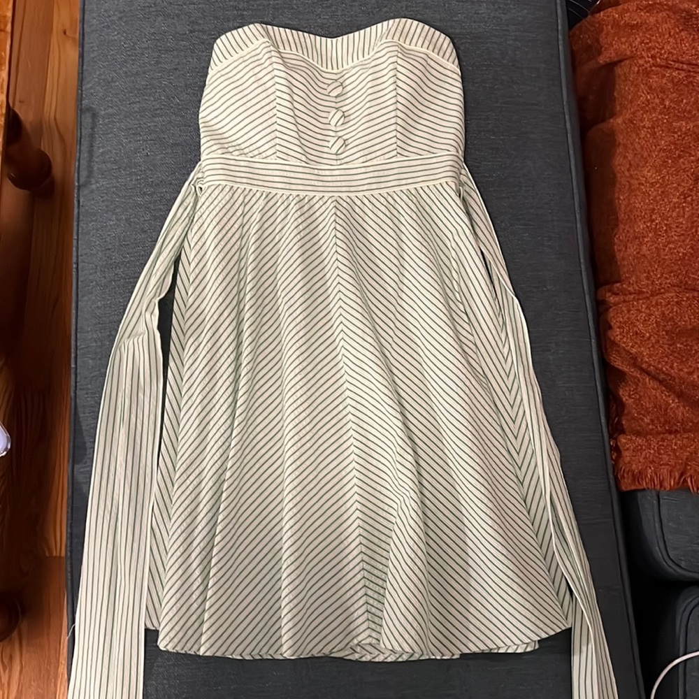 Green and white searsucker striped strapless spring dress/Midi